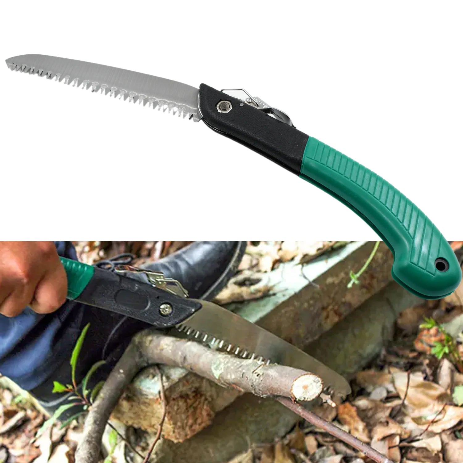 Folding saw for tree trimming and wood cutting, compact and versatile for outdoor use. Folding saw for tree trimming and wood cutting, compact and versatile for outdoor use.